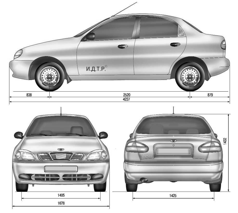 Габаритные размеры (мм) автомобиля Daewoo Lanos 1997+ с кузовом типа седан