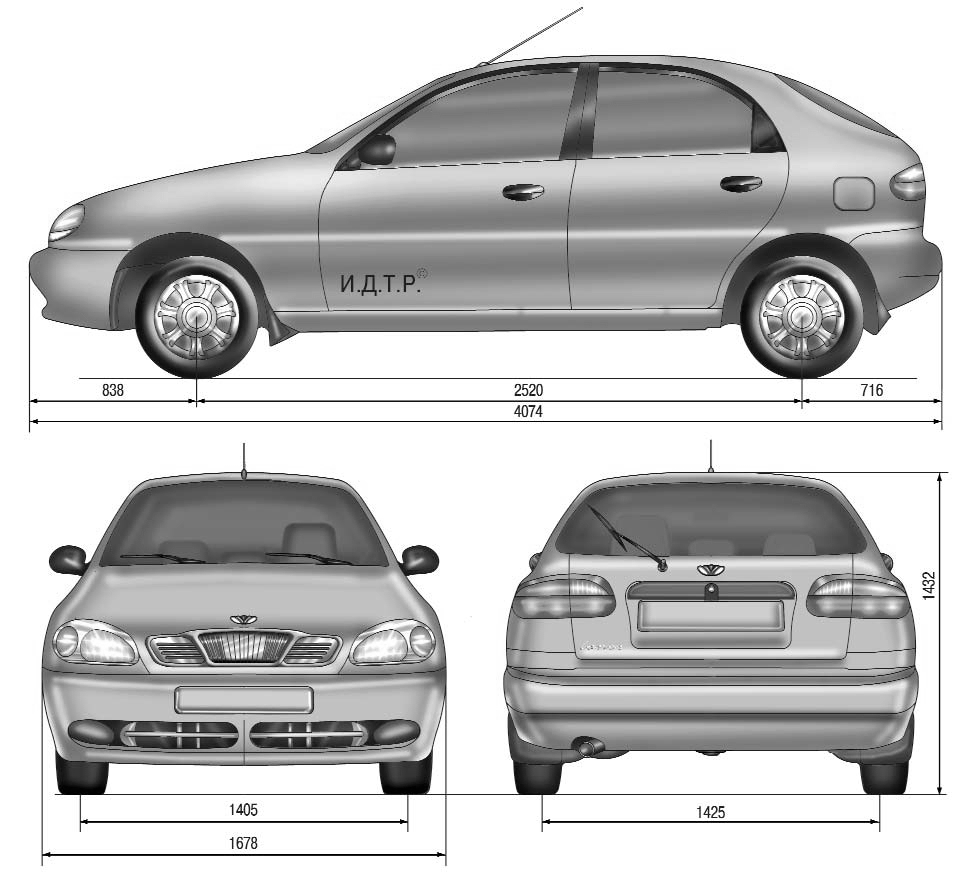 Габаритные размеры (мм) автомобиля Daewoo Lanos 1997+ с кузовом типа хэтчбек
