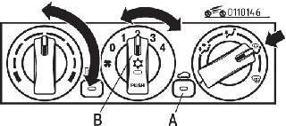 Расположение кнопок (А) выбора режима вентиляции, включения кондиционера (В) и положение ручек в режиме устранения запотевания ветрового стекла и стекол дверей