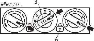 Расположение кнопок (А) выбора режима вентиляции, включения кондиционера (В) и положение ручек в режиме быстрого удаления запотевания (быстрого обогрева) стекол