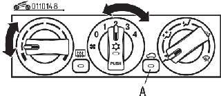 Расположение кнопки (А) выбора режима вентиляции и положение ручек в режиме подачи наружного воздуха в салон автомобиля