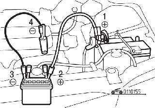 Последовательность соединения проводов при пуске двигателя автомобиля с бензиновым двигателем (модели 1800) от внешнего источника