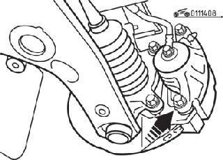 Расположение (стрелка) нижнего направляющего пальца на суппорте переднего тормоза