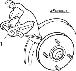 Использование специального приспособления МВ990520 (1) для установки поршня в колесный тормозной цилиндр
