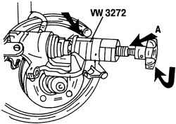 Выворачивание и вворачивание поршня в тормозной цилиндр специальным ключом VW3272. В место, показанное стрелкой А, можно надеть и гаечный ключ «на 13 мм»
