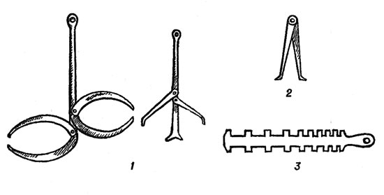 Рис. 27. Кузнечный измерительный инструмент: 1 - кронциркуль; 2 - нутромер; 3 - калибр гребенка