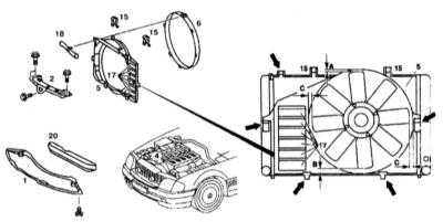 5.3.4 Кожух вентилятора и вентиляторная сборка - детали установки (на   примере бензиновой модели с двигателем серии М120.980/982) Mercedes-Benz W140