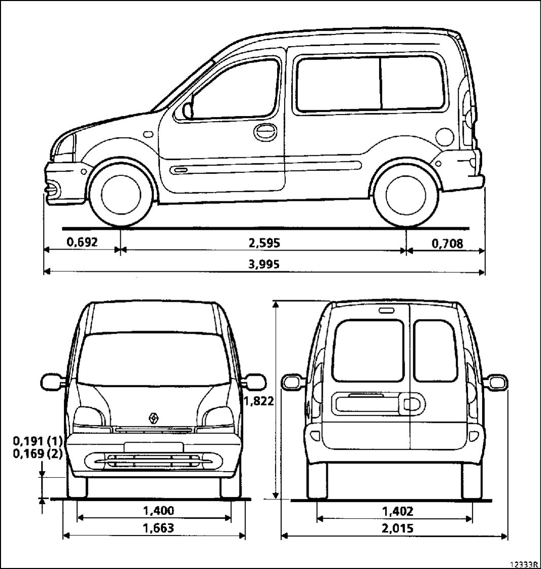 1. Габаритные размеры автомобиля Рено Кангу 1997-2007
