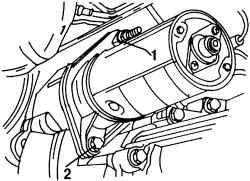 При установке стартера (двигатель VR6 с механической КПП) гайка 1 и болт 2 затягиваются моментом 45 Н·м